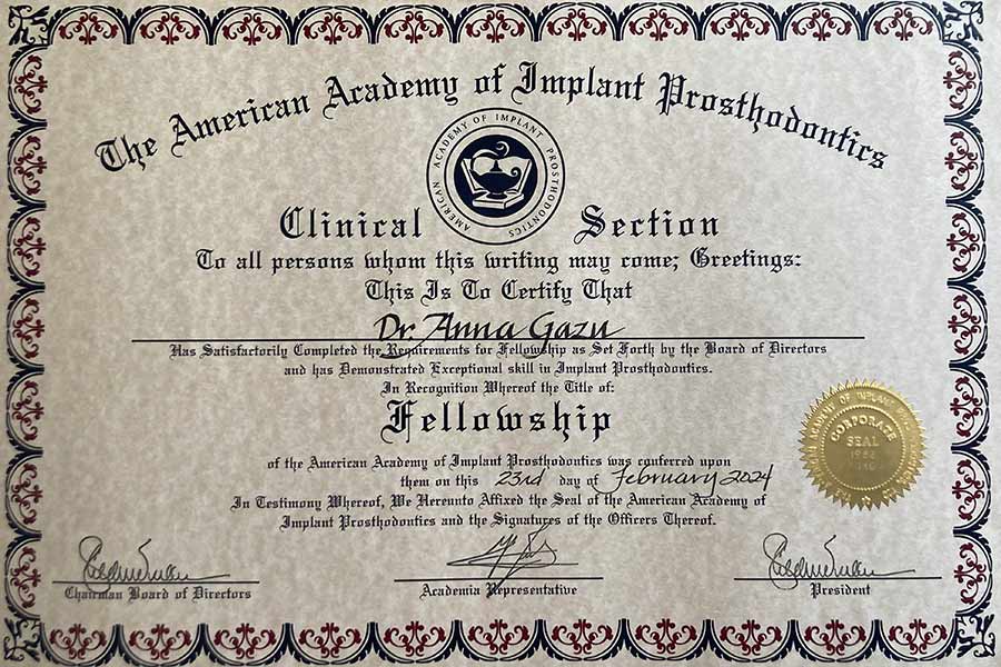 Fellowship Certificate at Marvel Dental Practice in Clifton, NJ Fellowship Certificate at Marvel Dental Practice in Clifton, NJ