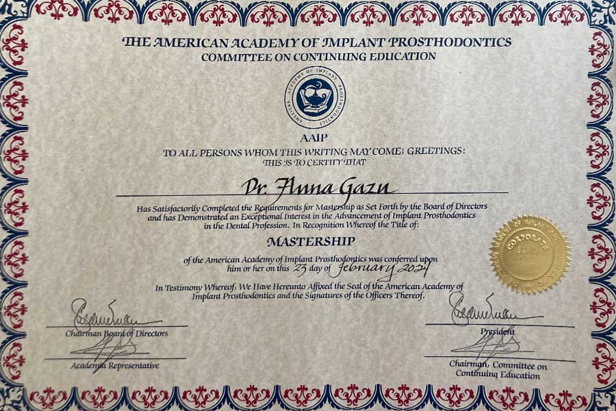 Mastership Certificate at Marvel Dental Practice in Clifton, NJ Mastership Certificate at Marvel Dental Practice in Clifton, NJ